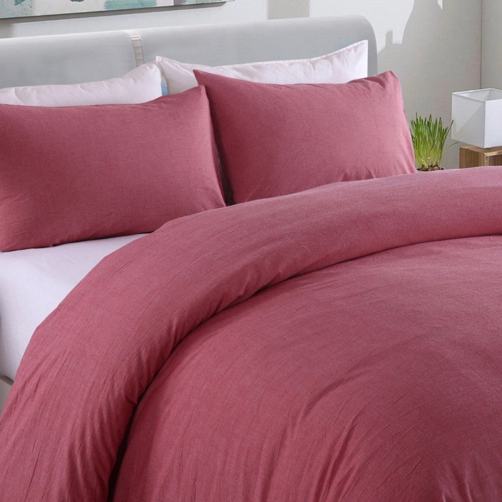Messy Bed Washed Cotton Duvet Cover and Sham Set, Red, Full/Queen