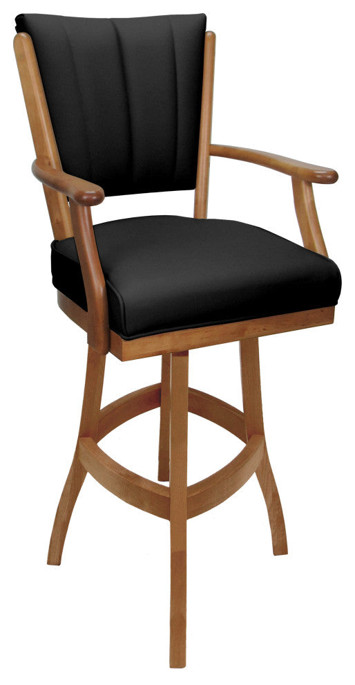 Leather Swivel Wood Bar Stool Classic on S-Base, Black Leather on Honey, 26"