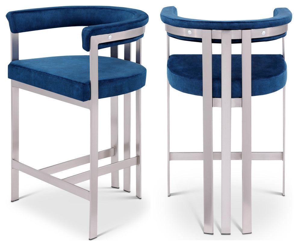 Marcello Upholstered Counter Stool, Navy, Velvet, Brushed Chrome