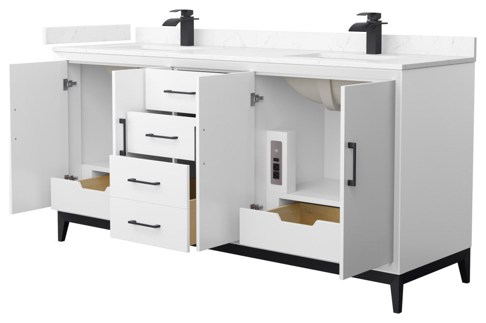 Amici 72" White Double Vanity, Carrara Cultured Marble Top, Matte Black Trim