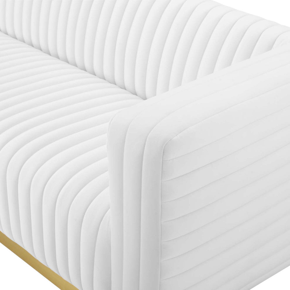 Tufted Sofa, Velvet, White, Modern, Living Lounge Room Hotel Lobby Hospitality