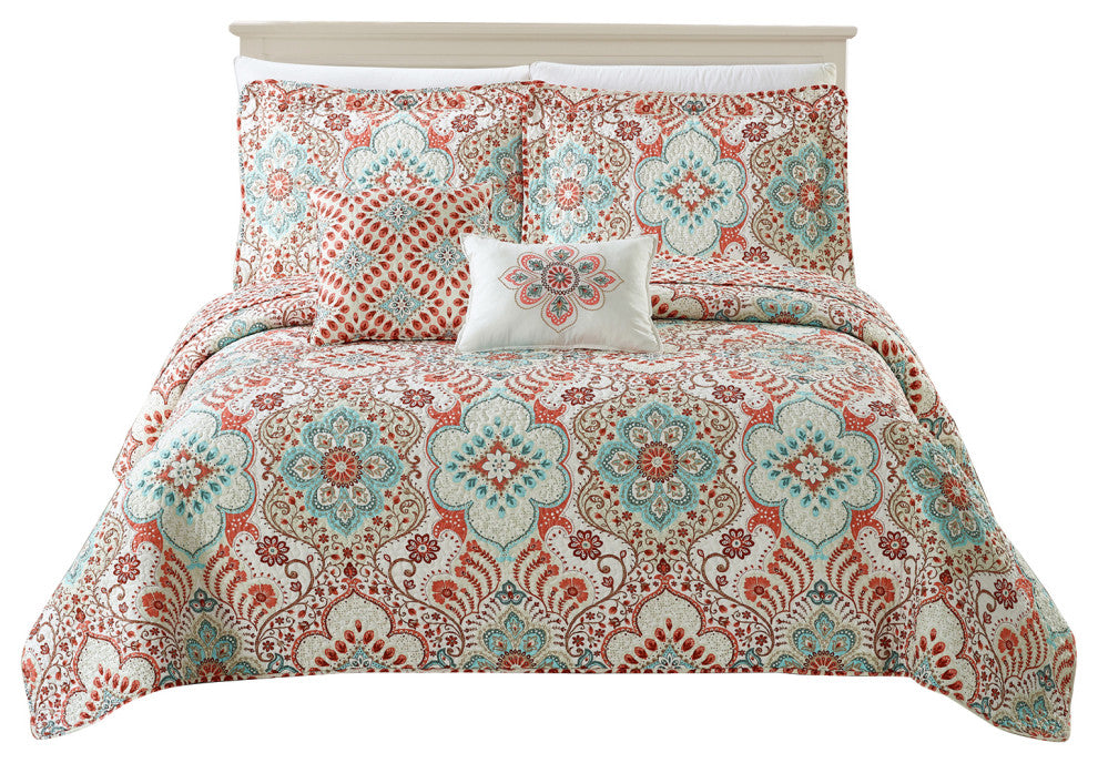 Bennington Damask 5 Piece Quilted Set, Coral, Queen (90"x90")