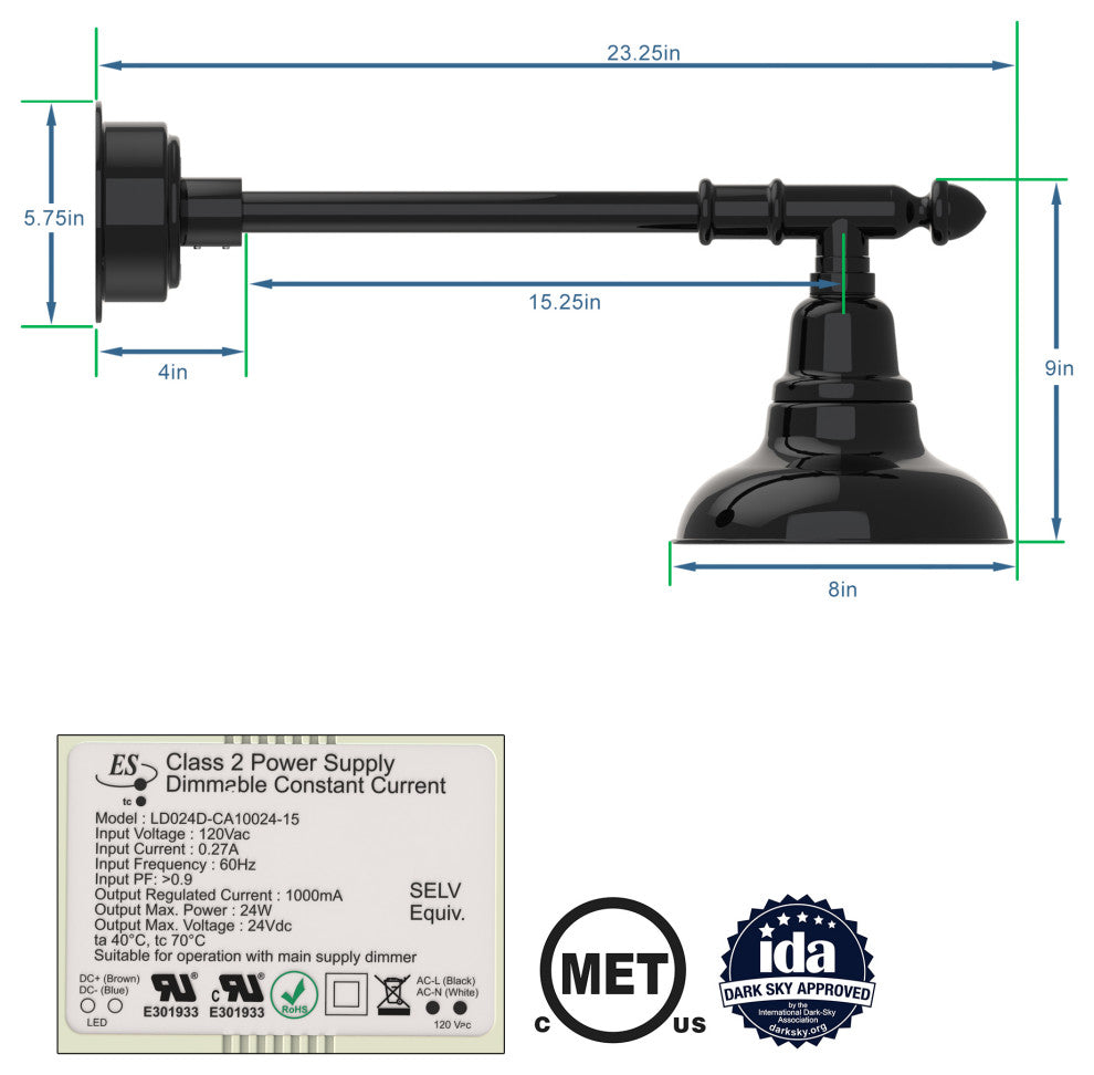 Gooseneck Barn Light With Vintage Arm, Black, 8"