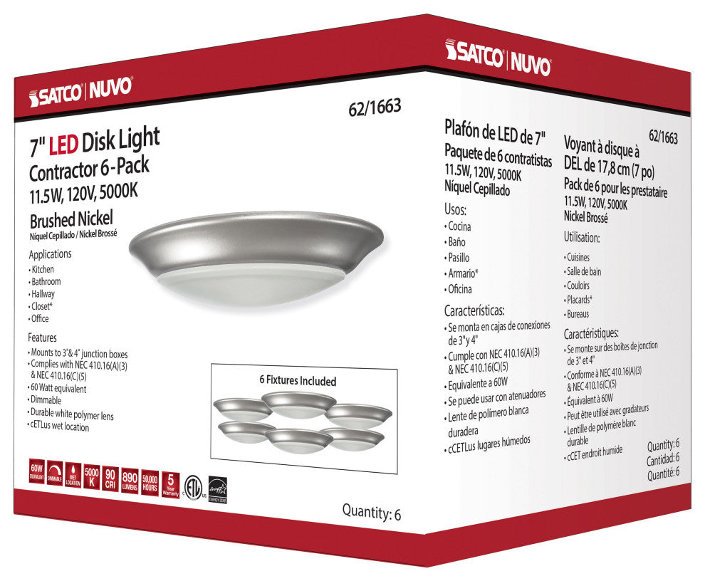 7 inch - LED Disk Light - 5000K - 6 Unit Contractor Pack - Brushed Nickel Finish