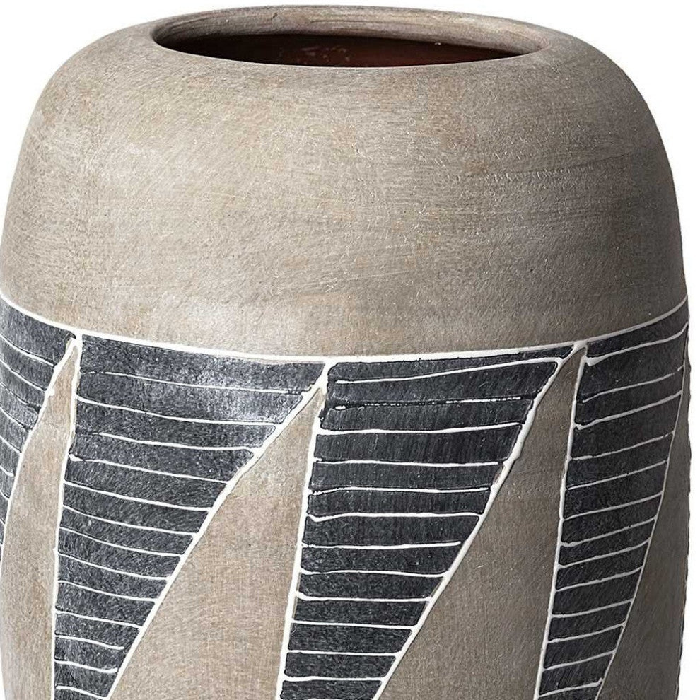 15" Brown And Gray Geometric Tribal Ceramic Table Vase