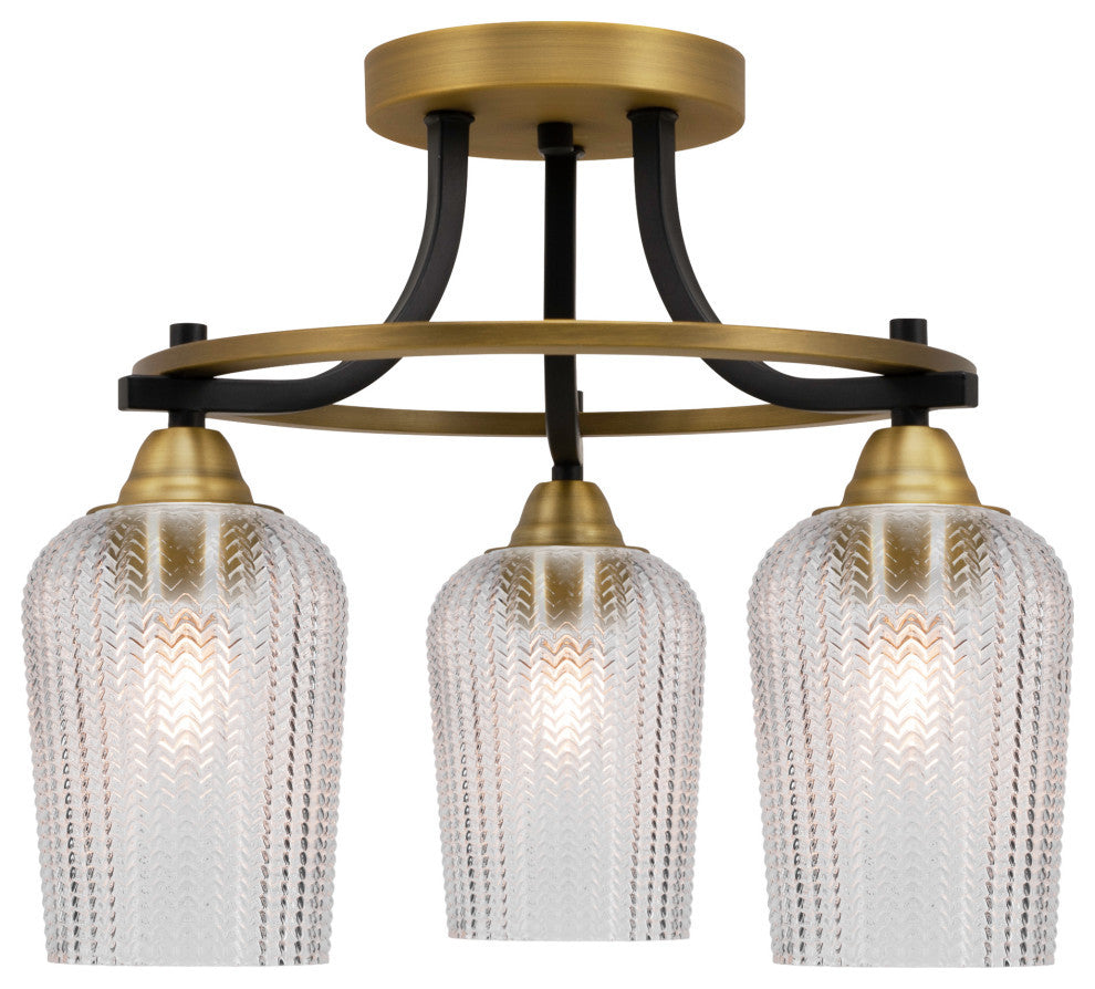 Paramount 3-Light Semi-Flush Light, Matte Black & Brass, 5" Clear Textured Glass
