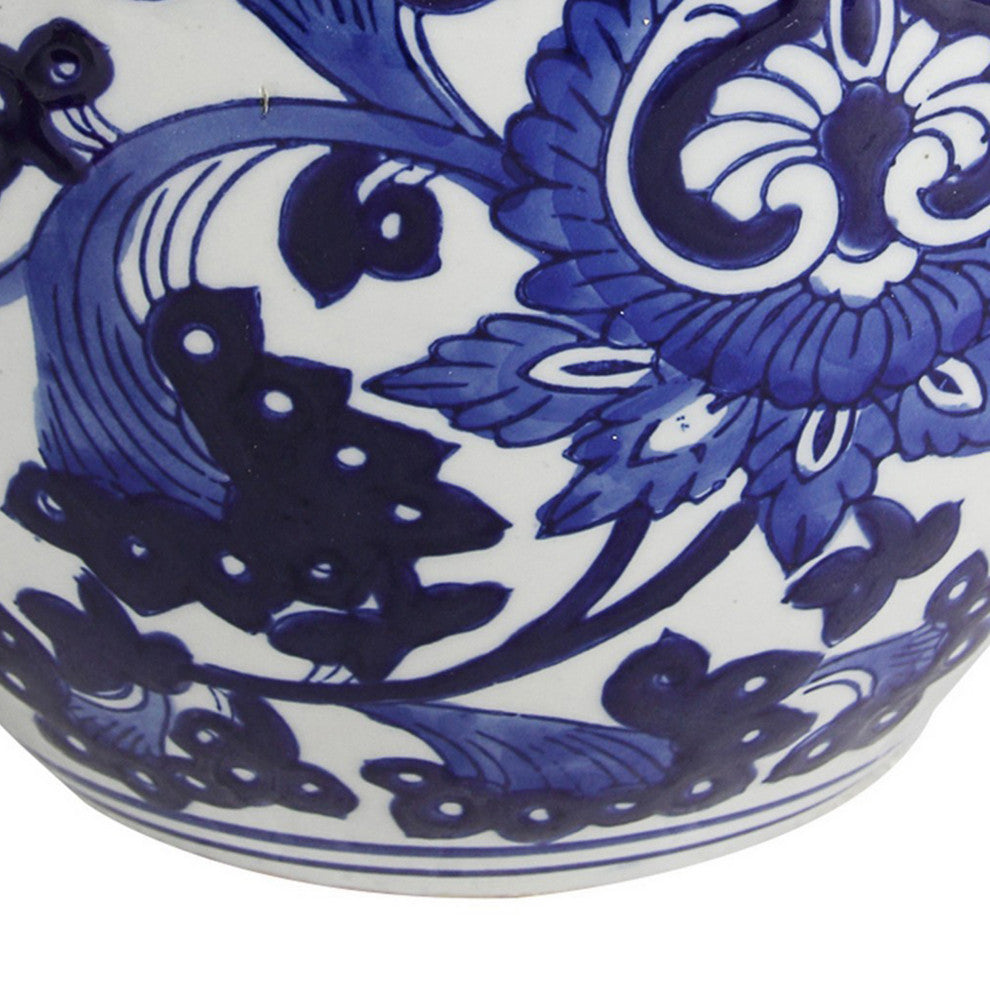 Benzara BM286406 10" Lidded Jar, Round Floral Print, Blue &White Porcelain
