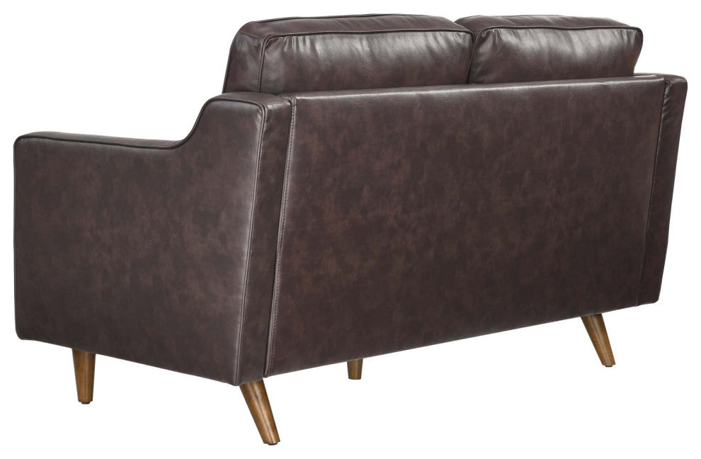 Loveseat Sofa, Brown, Leather, Modern, Mid Century Hotel Lounge Cafe Lobby