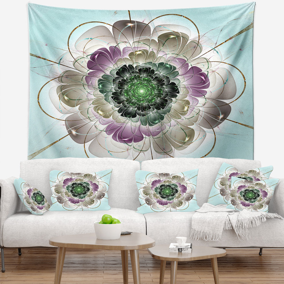 Dark Blue Fractal Flower Pattern Abstract Wall Tapestry, 60"x50"