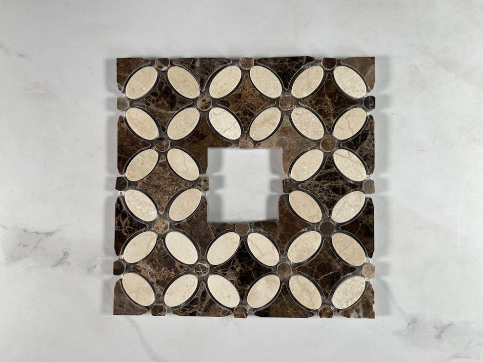 Crema Marfil Marble Flower Mosaic Border Decorative Accent Tile Polish, 1 sheet