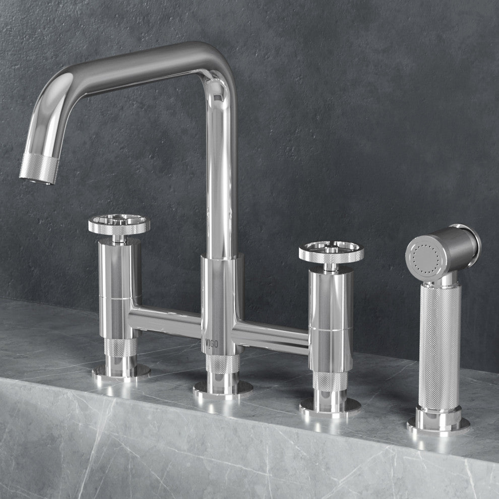 VIGO Cass 12" H 2-Handle Widespread Bridge Pull-Out Sprayer Kitchen Faucet, Chrome