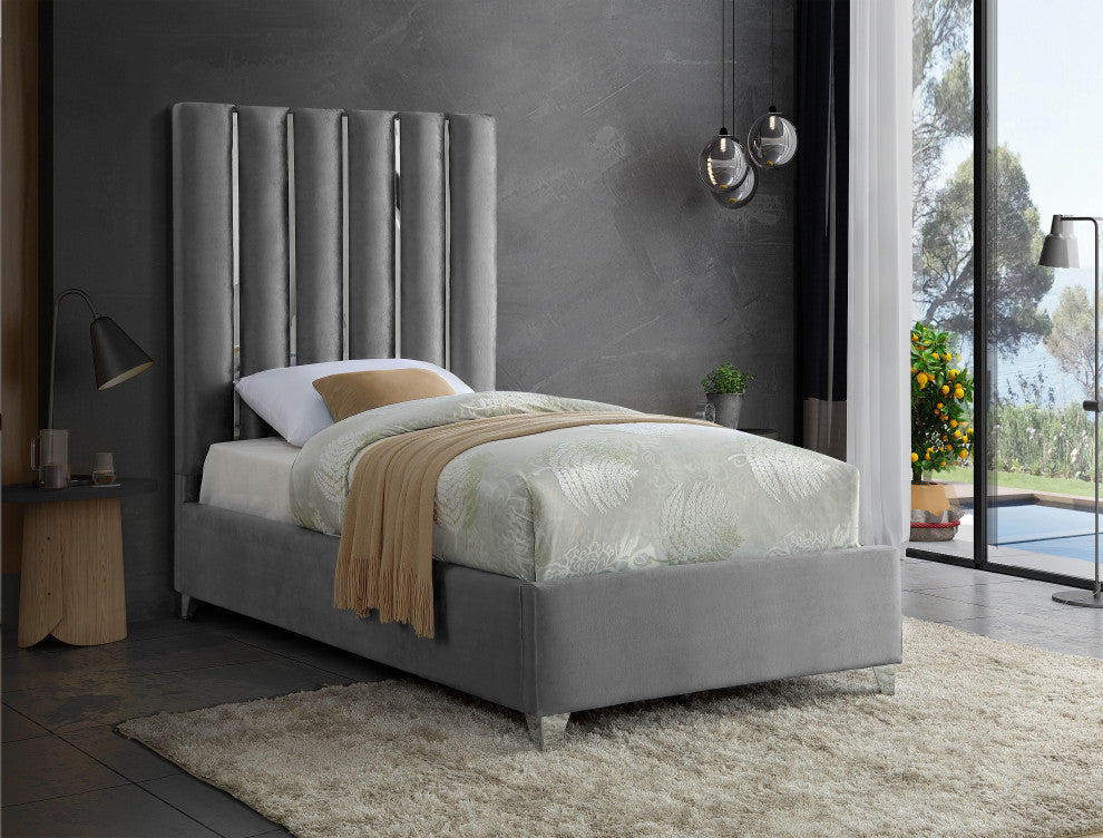 Enzo Velvet Bed, Gray, Twin
