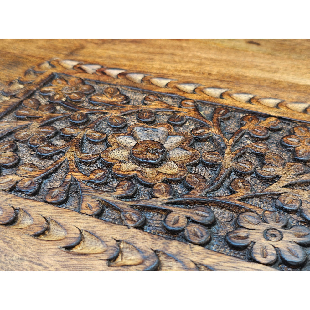 21" Boho End Table Floral Carved Foldable Panel Legs Walnut Brown