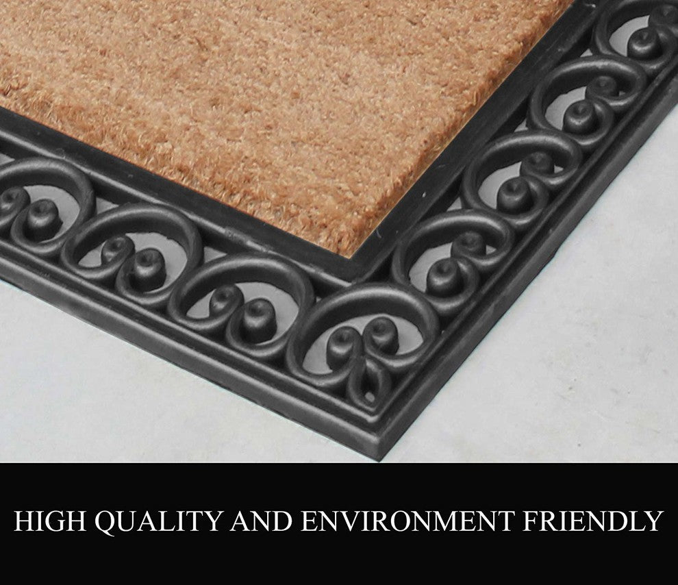 A1HC Black Rubber And Coir Paisley Border Double Doormat, 30"X48"