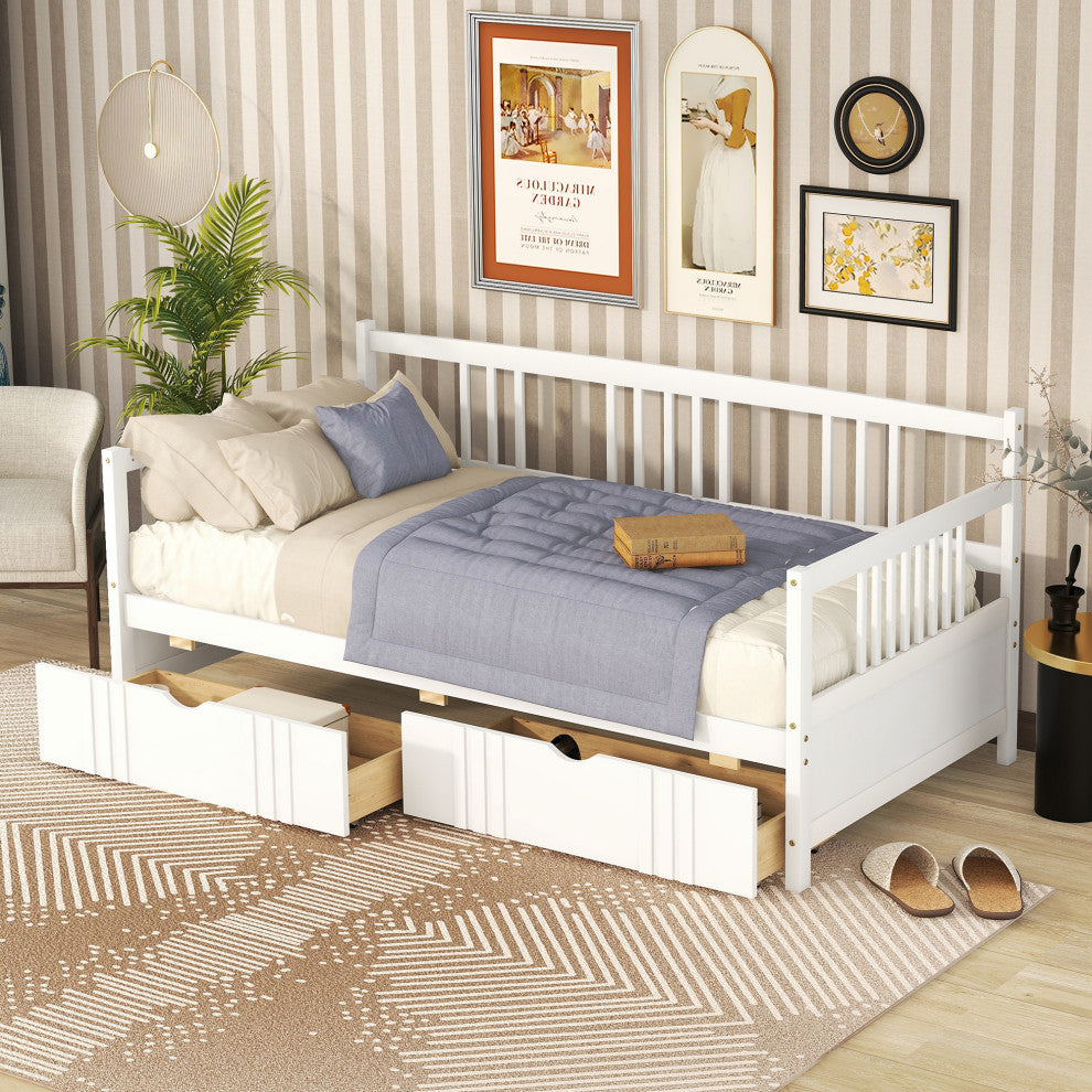 Gewnee Solid Wood Twin Size Daybed with Two Drawers in White