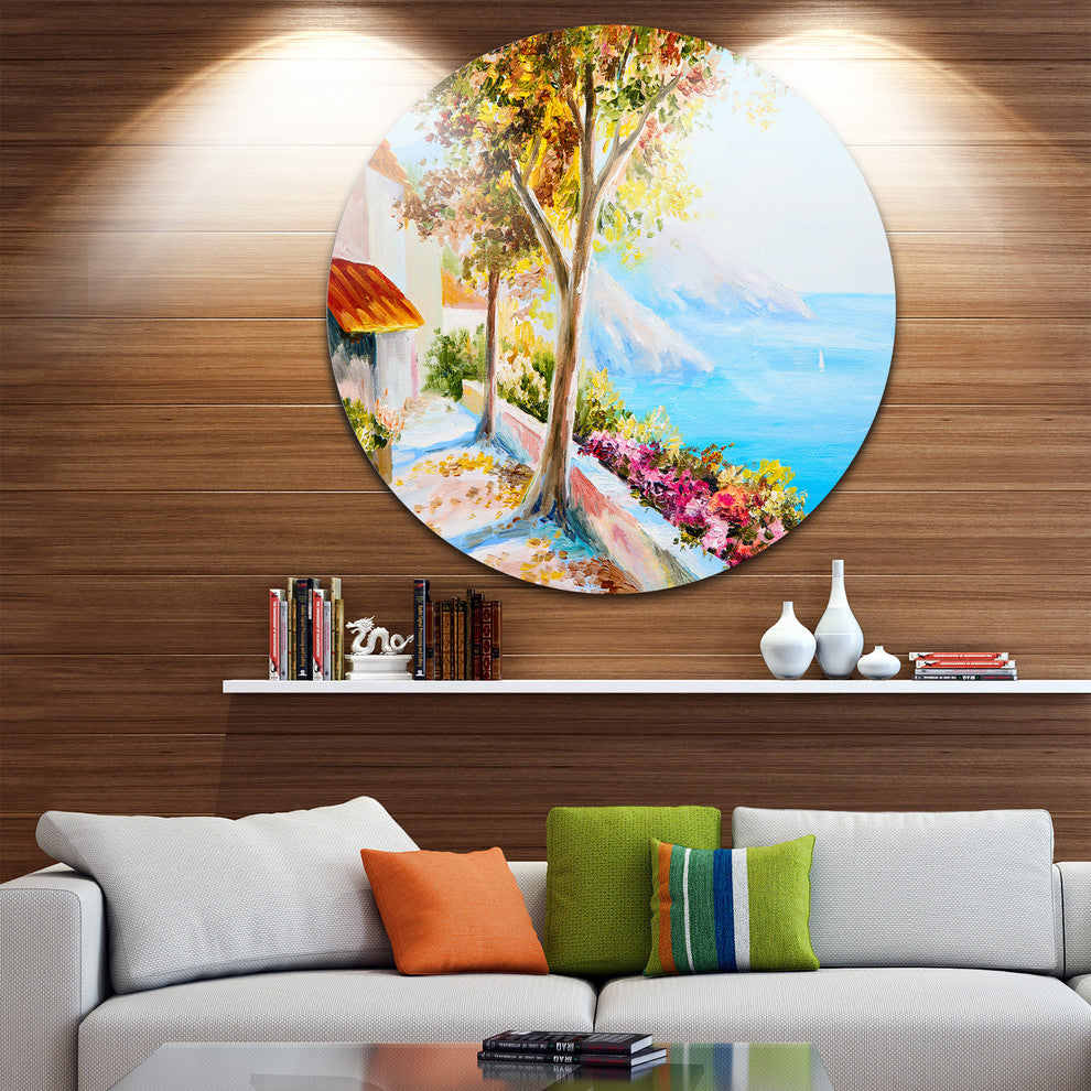 House And Sea In The Fall, Landscape Disc Metal Artwork, 23"