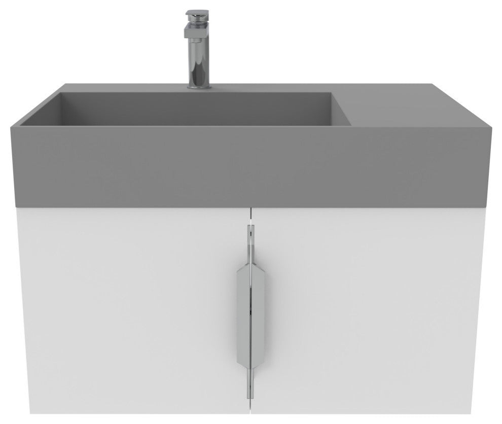 CastelloUSA Amazon 30" Left Wall Mounted Bathroom Vanity Set, White, Gray Top, Brushed Nickel
