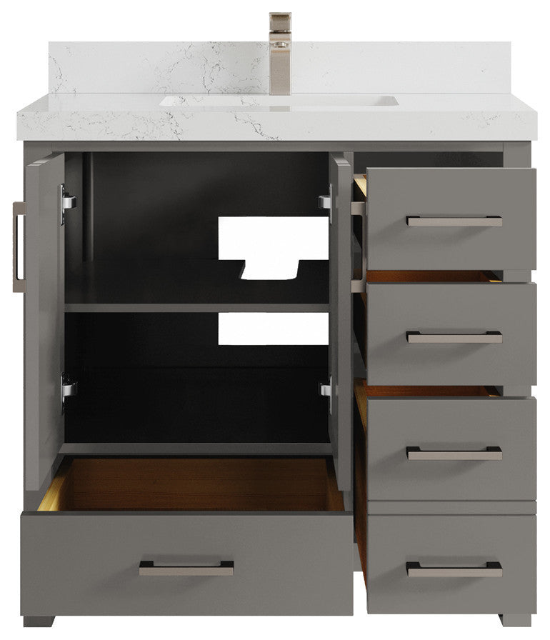 Malibu 36 Center Sink Bath Vanity in Elephant Skin Gray 2" Empira Quartz