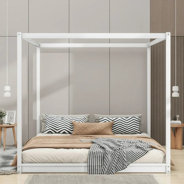 Pine Wood Canopy Bed, Low Profile Platform Bed with support Legs, King