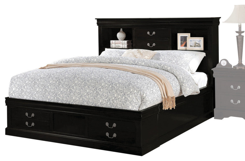 Louis Philippe III Bed With Storage and Hidden Drawer, Black, Eastern King