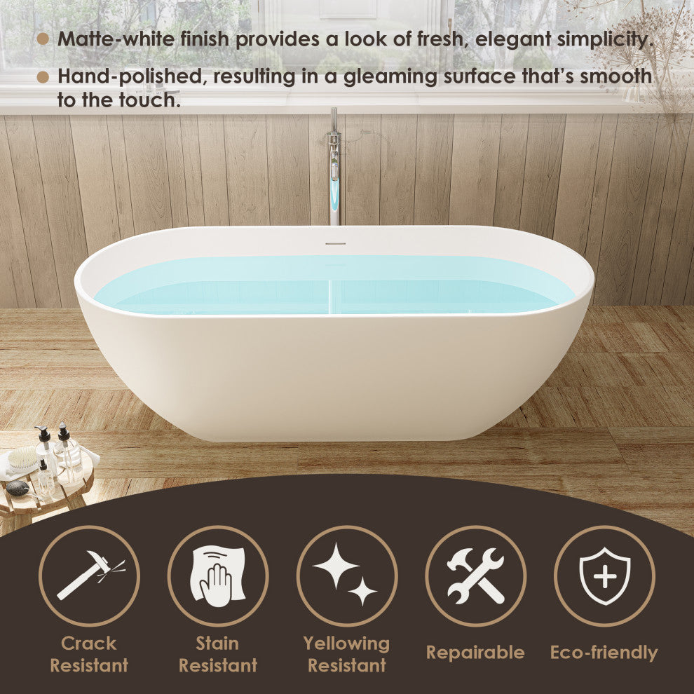 Ryder Flatbottom Freestanding Solid Surface Soaking Bathtub, Matte White, 59inch