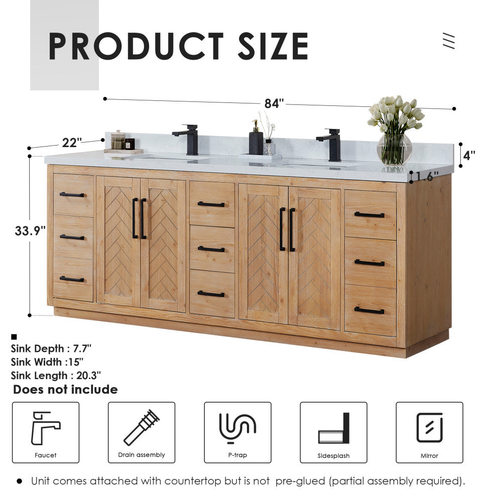 Anais Vanity Grain White Engineered Stone Countertop, Light Brown, 84", No Mirror