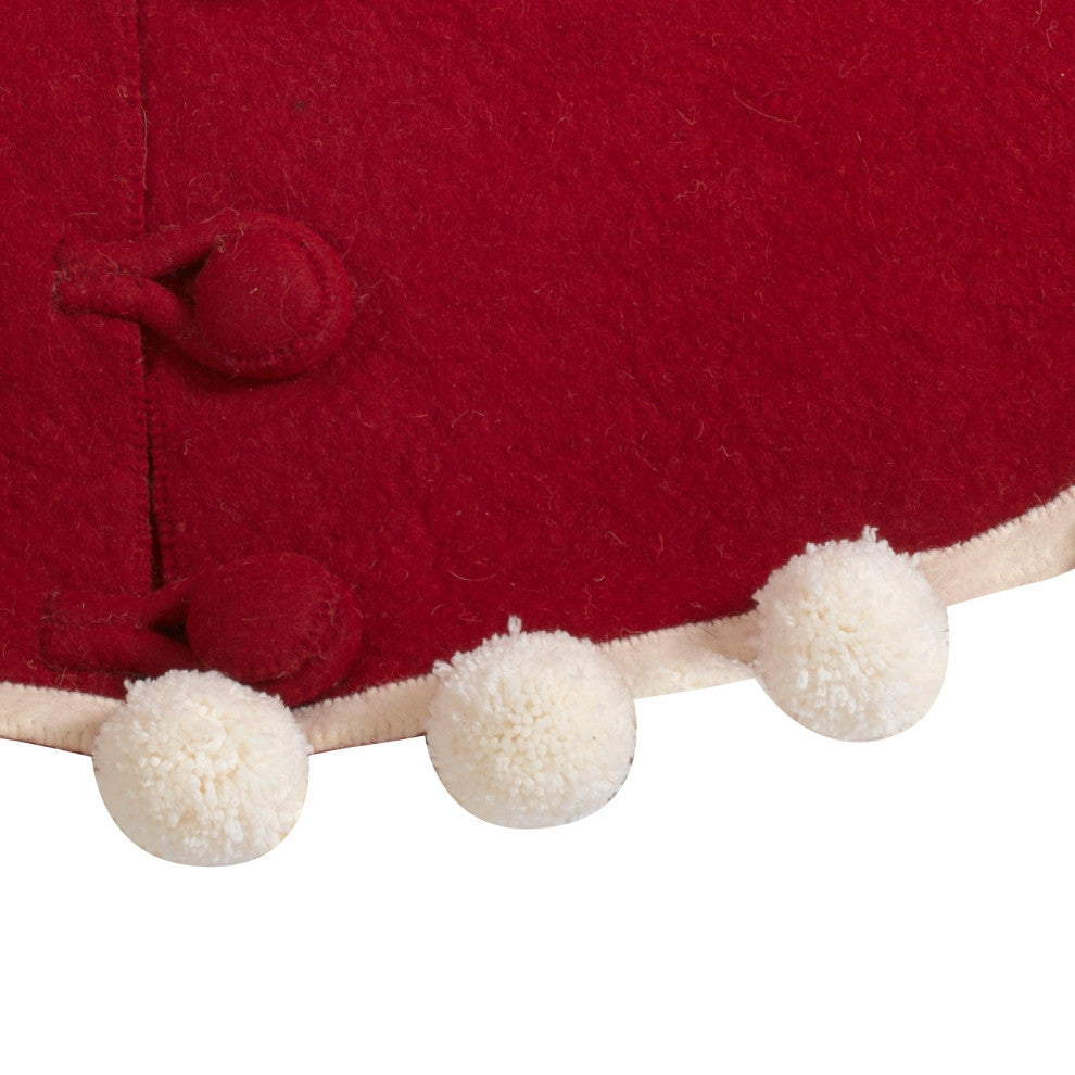 72" Handmade Christmas Tree Skirt, Felt Pom Poms on Red