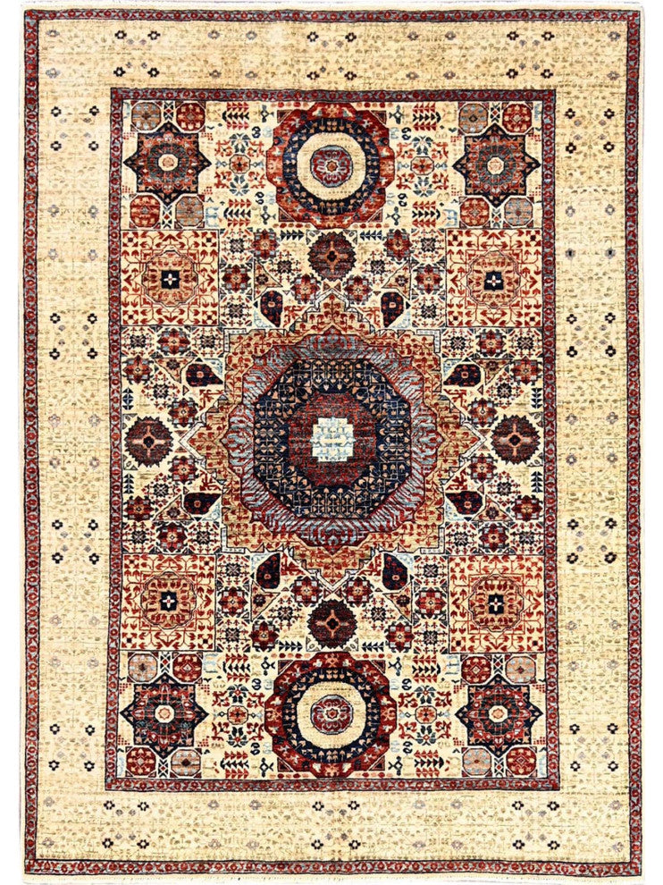 White, Hand Knotted, 100% Wool, Mamluk Design, Oriental Rug, 4'10"x7'