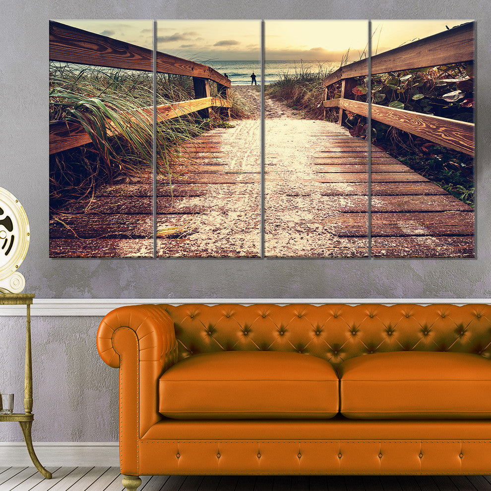 Vintage Wooden Bridge To Seashore, Seashore Canvas Art Print, 48"x28", 4 Panels