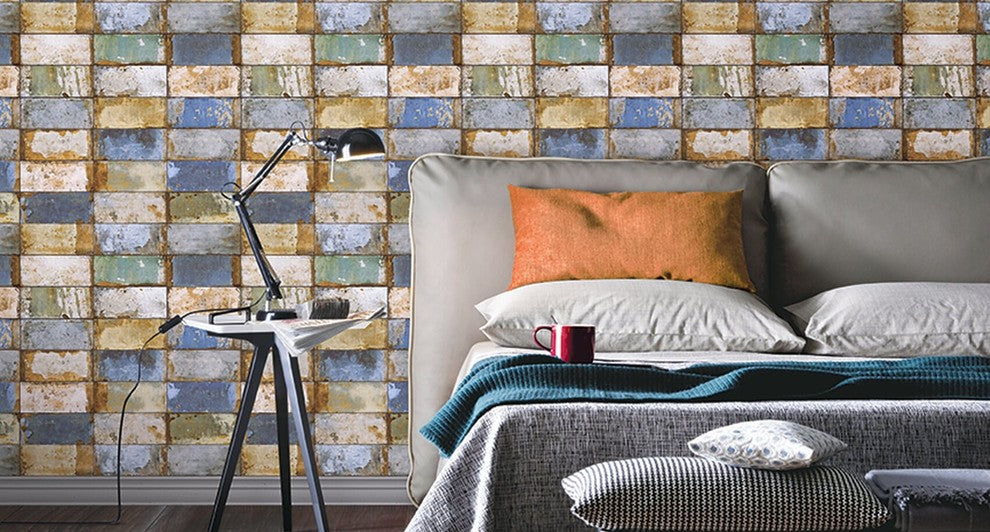 Natural Faux 2, Geometric Stone Wood Rustic Wallpaper, White, Blue, Sample
