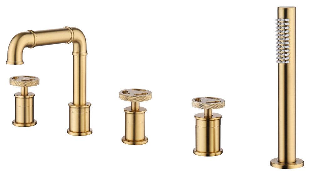 Modern 3-Handle Deck Mounted Roman Tub Faucet With Handshower, Brushed Gold