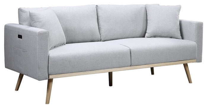 Easton Light Gray Linen Sofa Loveseat Chair, USB Charging Ports Pockets, Pillows