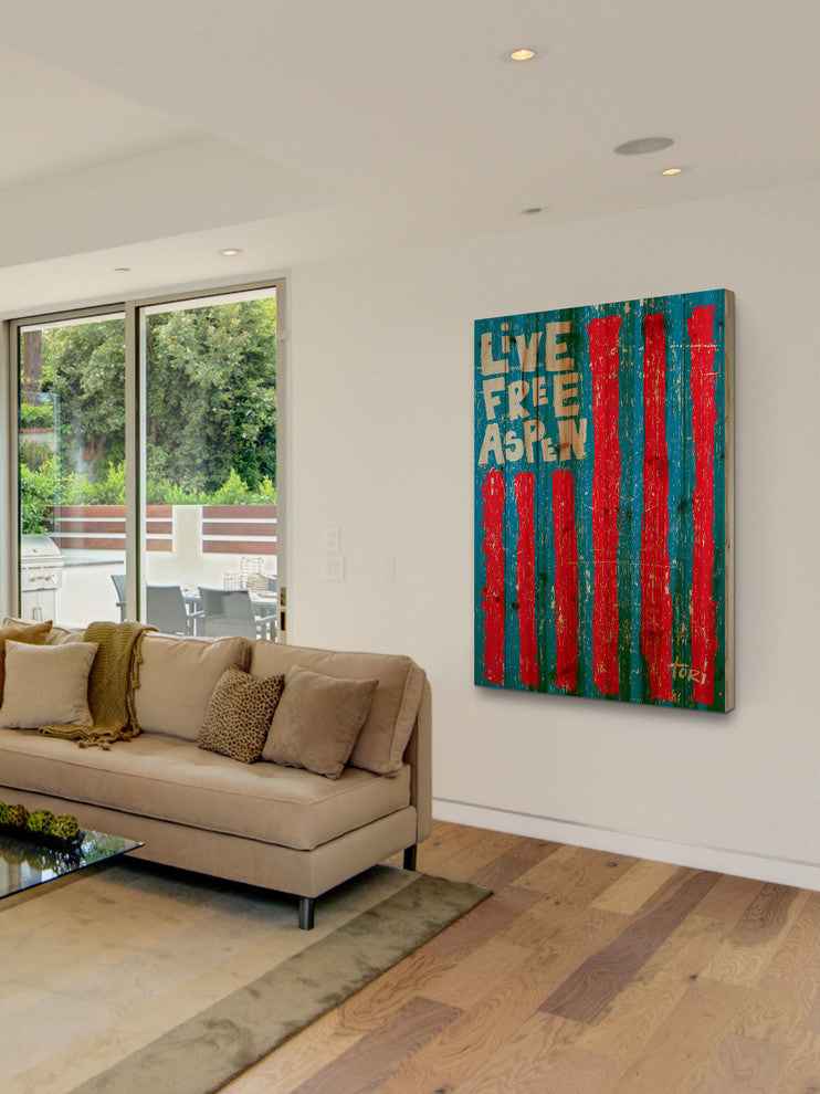 "Live Free Vertical" Print on Natural Pine Wood by Tori Campisi
