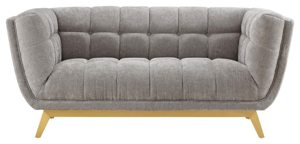 Loveseat Sofa, Velvet, Gray, Modern, Living Lounge Hotel Lobby Hospitality