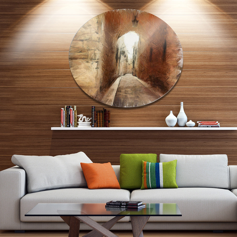 Brown Old City Street Drawing, Landscape Disc Metal Artwork, 23"