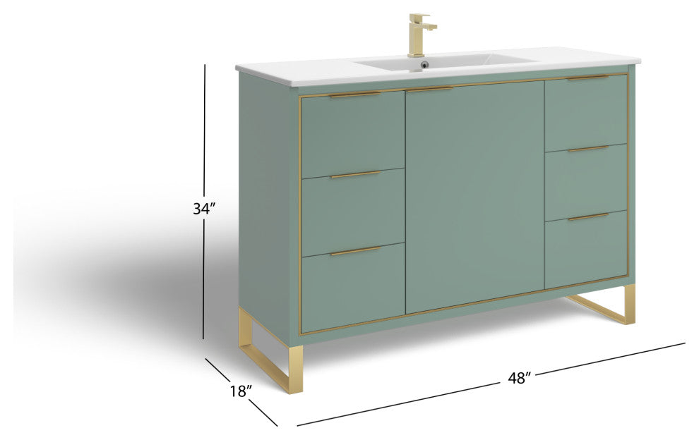 Bradford Bath Vanity, Green, 48", Satin Brass Hardware, Single Sink, Freestanding