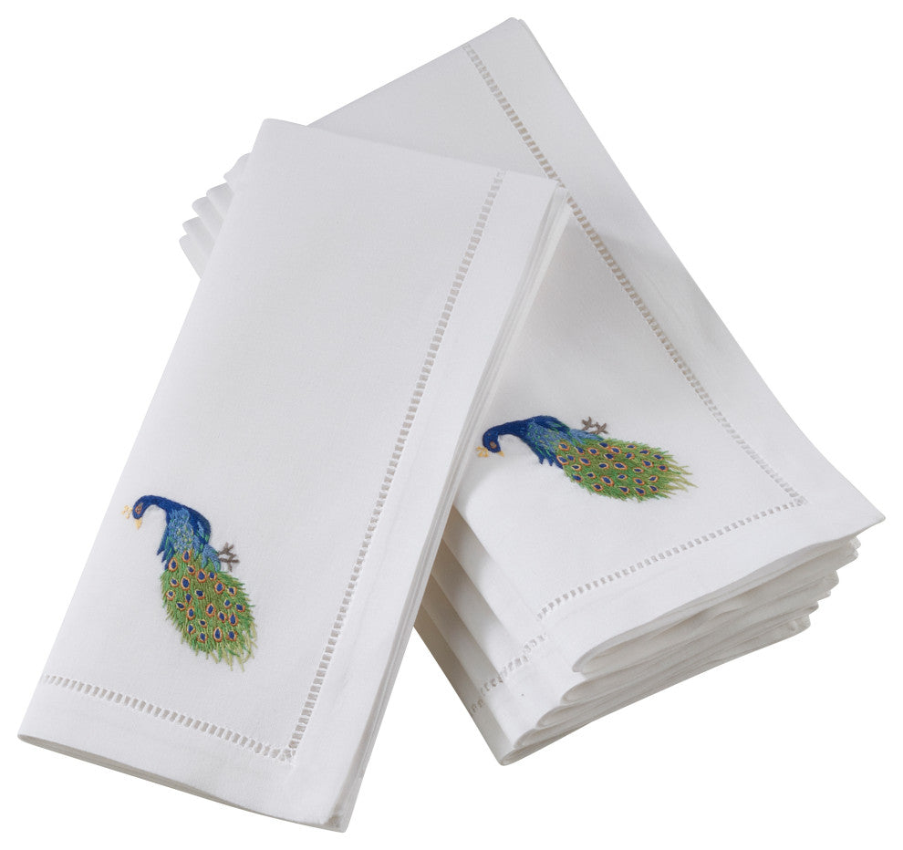 Hemstitch Border Cotton Napkins With Peacock Embroidery, Set of 6, 20" x 20"