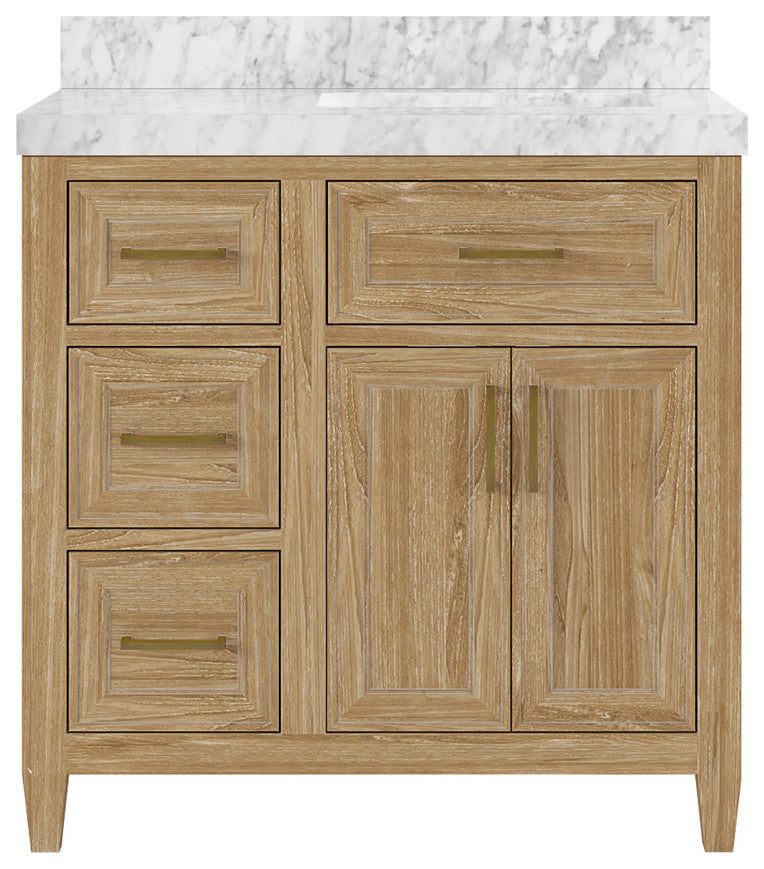 Santa Monica 36 Right Offset  Bath Vanity in Whitewashed Teak 2" Carrara Marble