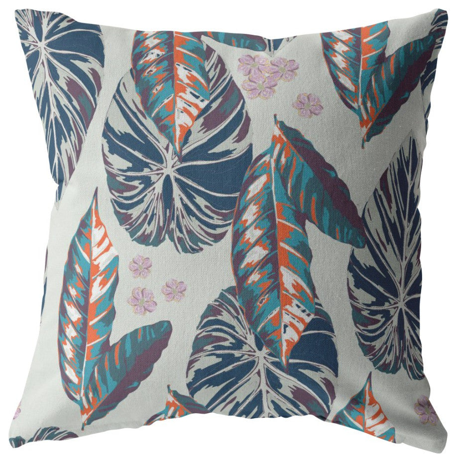 20" Blue Gray Tropical Leaf Suede Throw Pillow