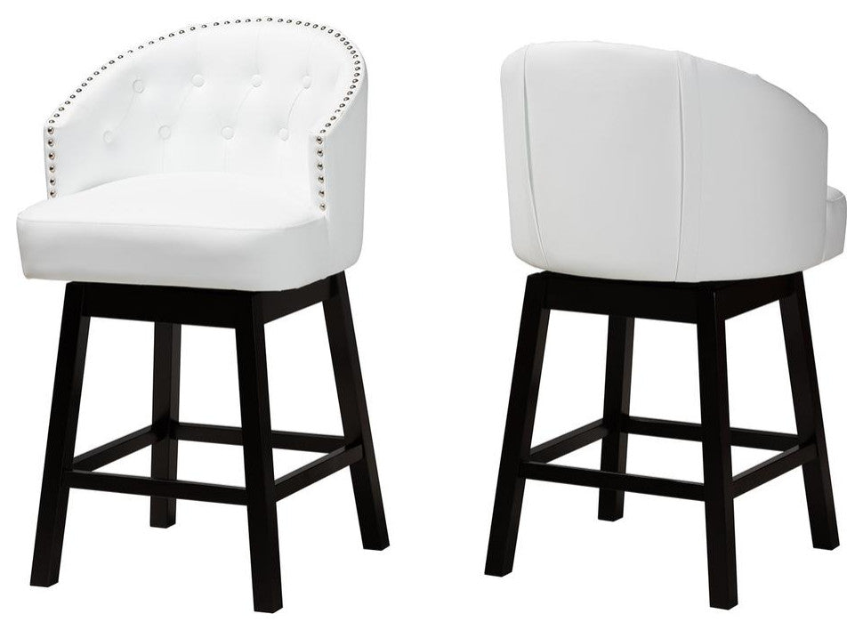White Faux Leather & Espresso Brown Finished Wood 2-Pcs Swivel Counter Stool Set