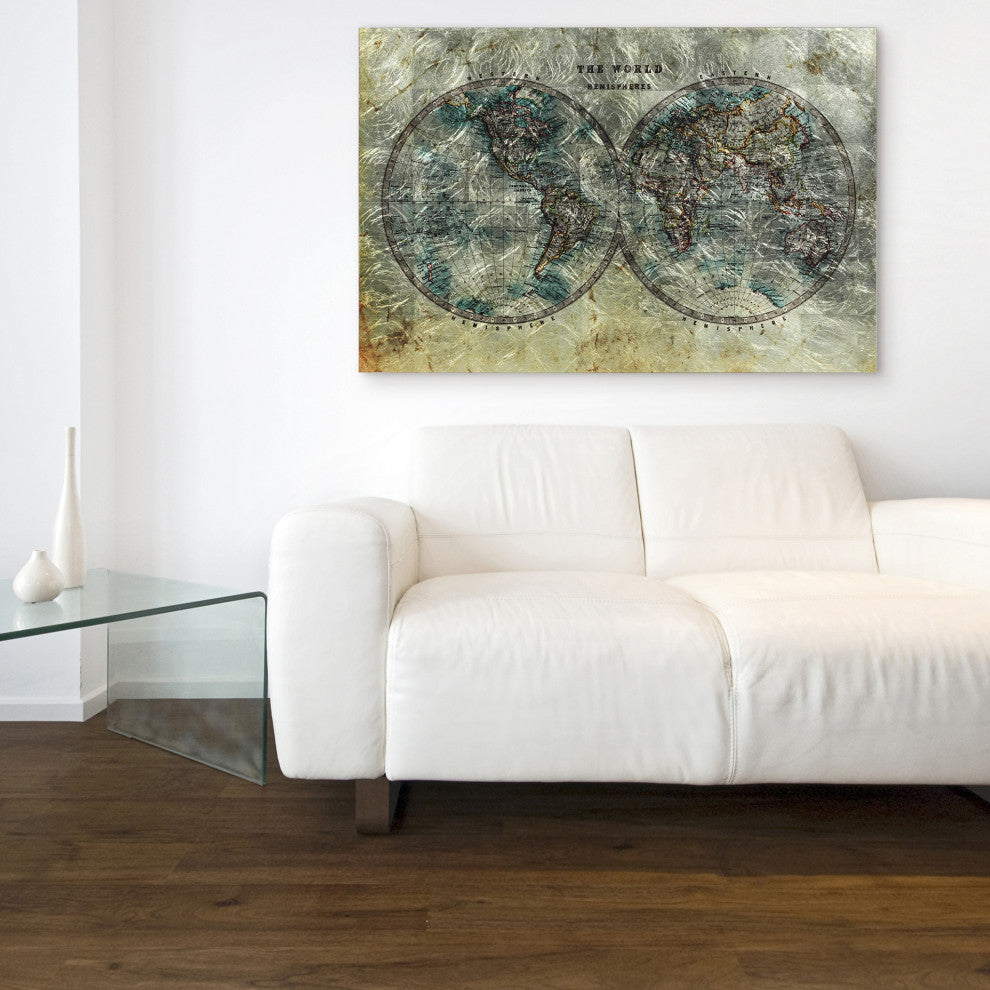 Cartography World Map Wall Art Reverse Printed Tempered Glass With Silver Leaf