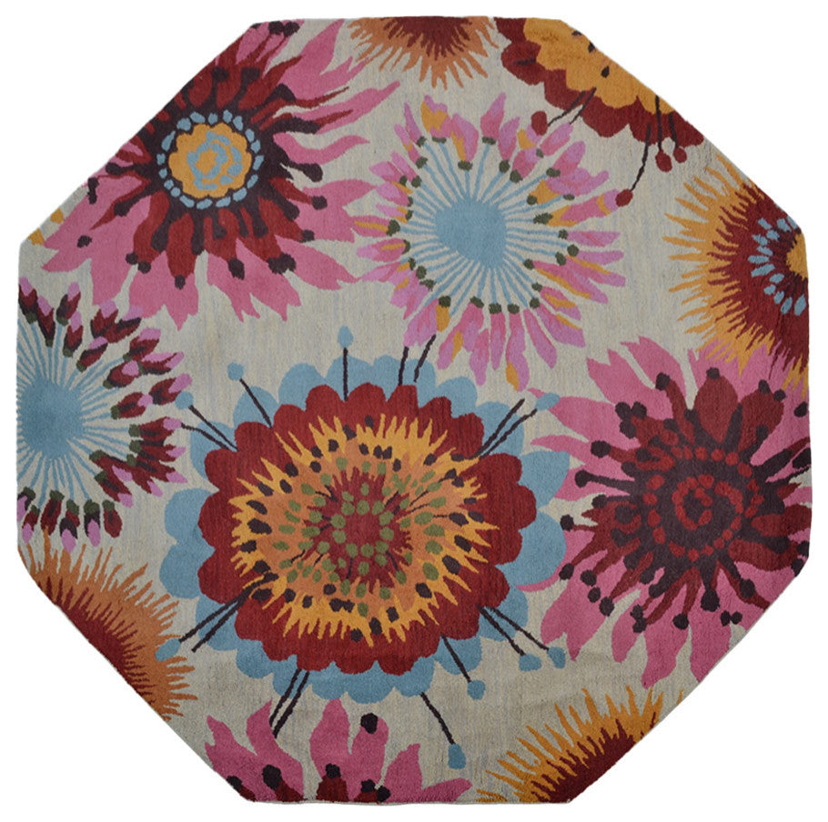HAND TUFTED WOOL ECO-FRIENDLY AREA RUGS-Octagon,Cream,Floral