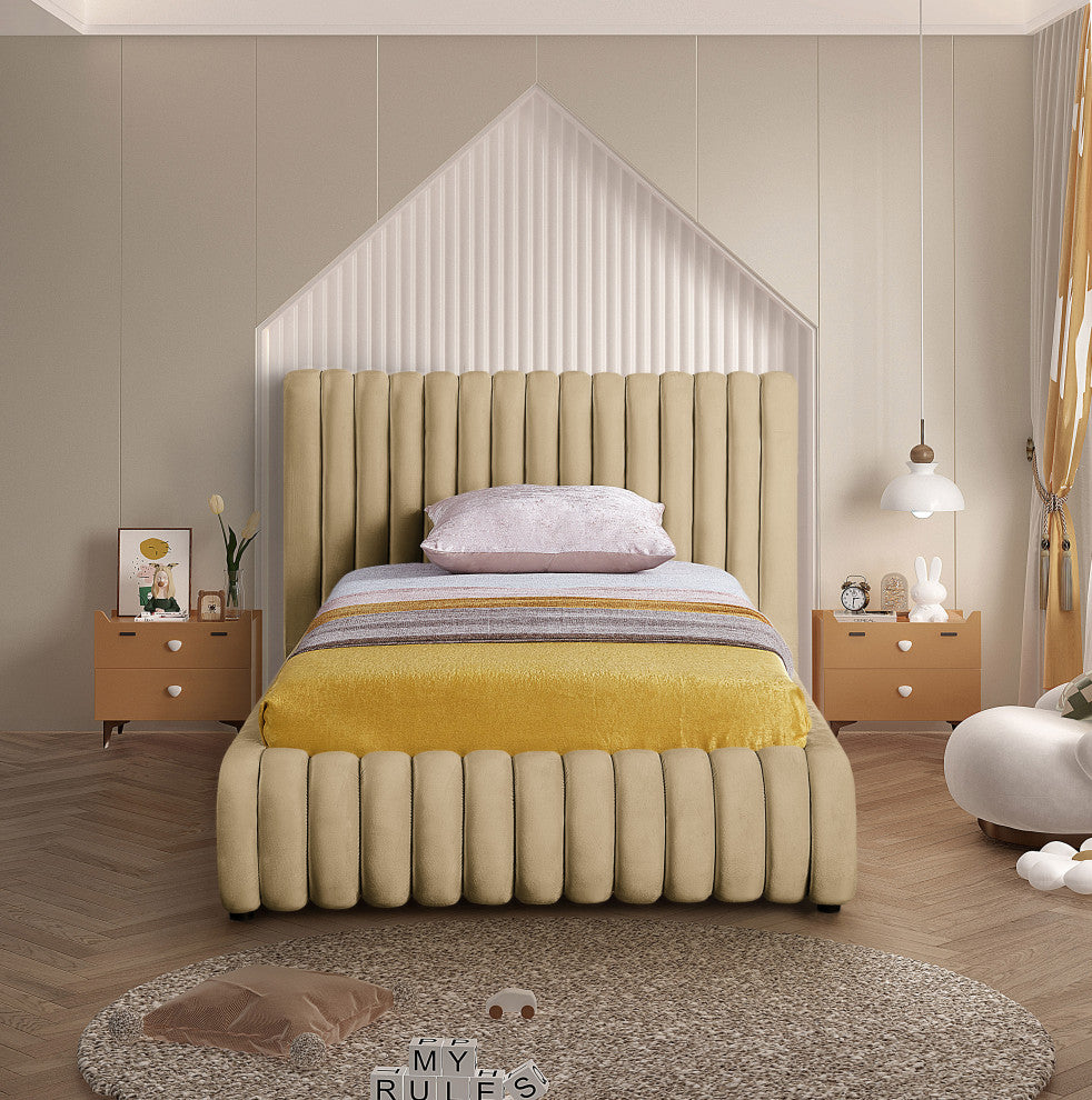 Nico Black Velvet Upholstered Bed, Camel, Twin