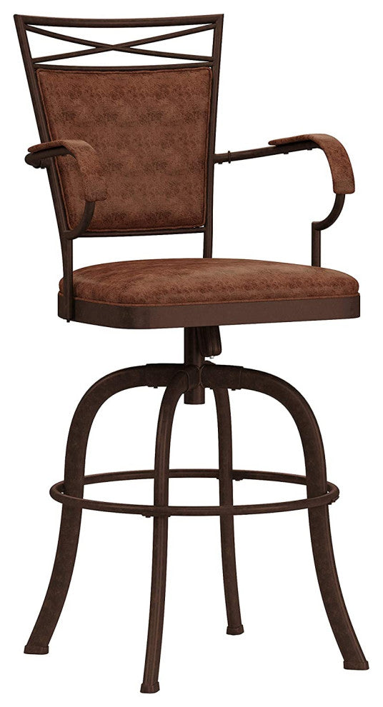 Industrial Bar Stool, Metal Frame With Swivel Weathered Brown Faux Leather Seat,