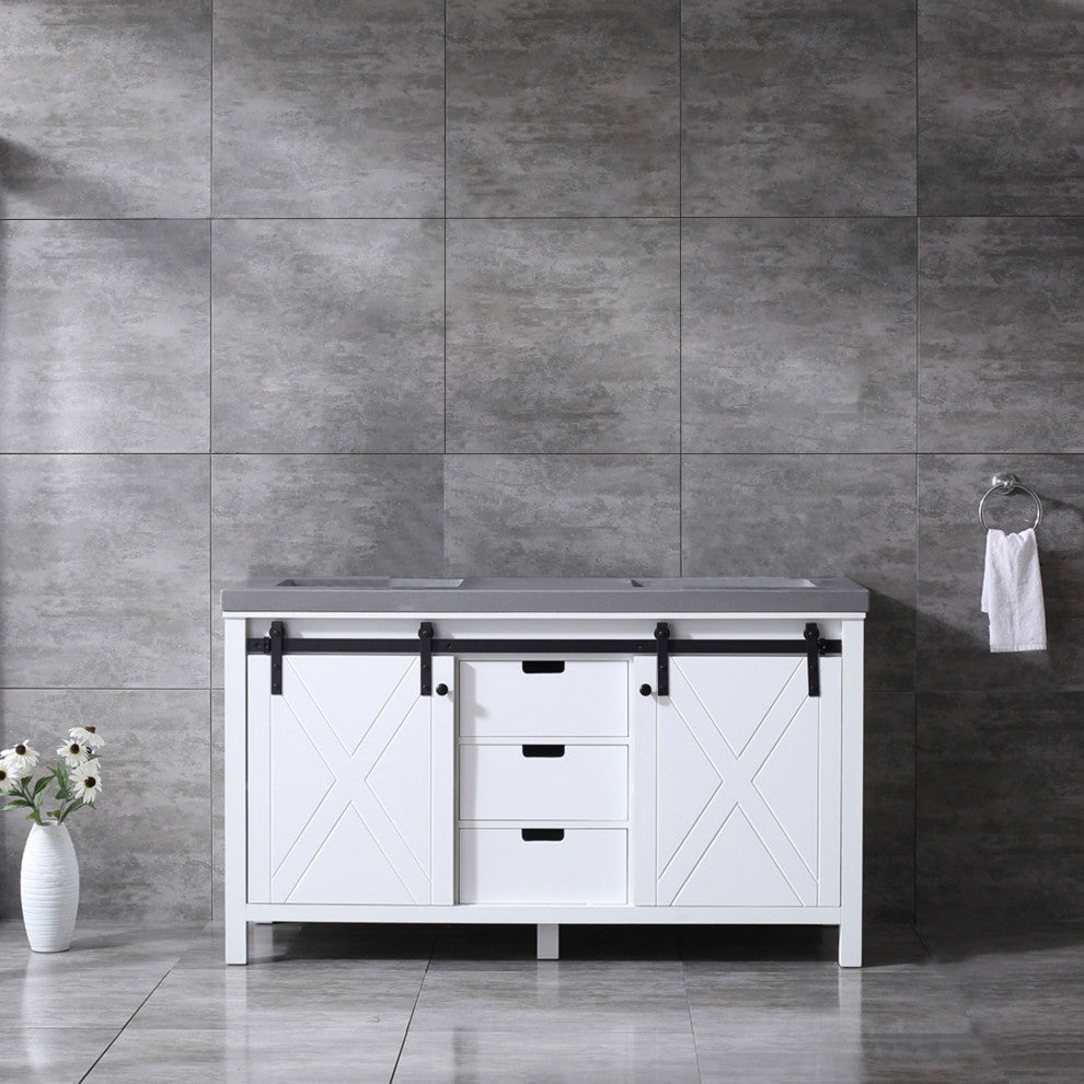 Marsyas 60" White Double Vanity, Gray Quartz Top, White Sinks, No Mirror