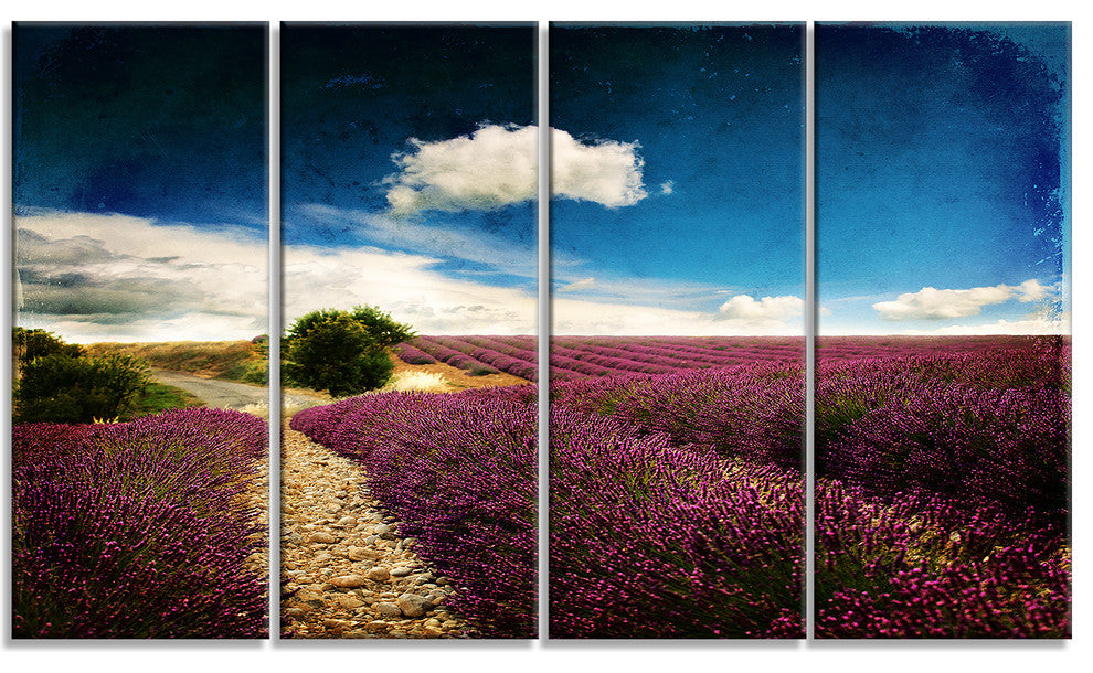 Lavender Field with Dramatic Blue Sky, Landscape Canvas Art, 48"x28", 4 Panels