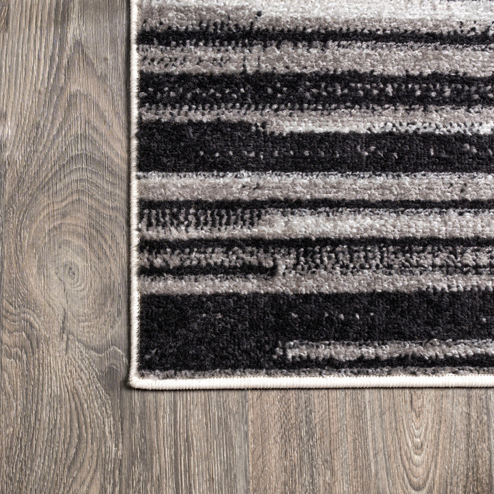 Linear Modern Half-Stripe Area Rug, Gray/Cream, 2 X 8
