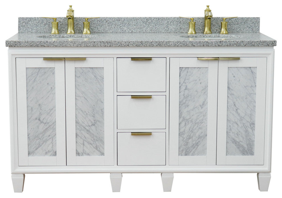 61" Double Sink Vanity, White Finish With Gray Granite And Oval Sink