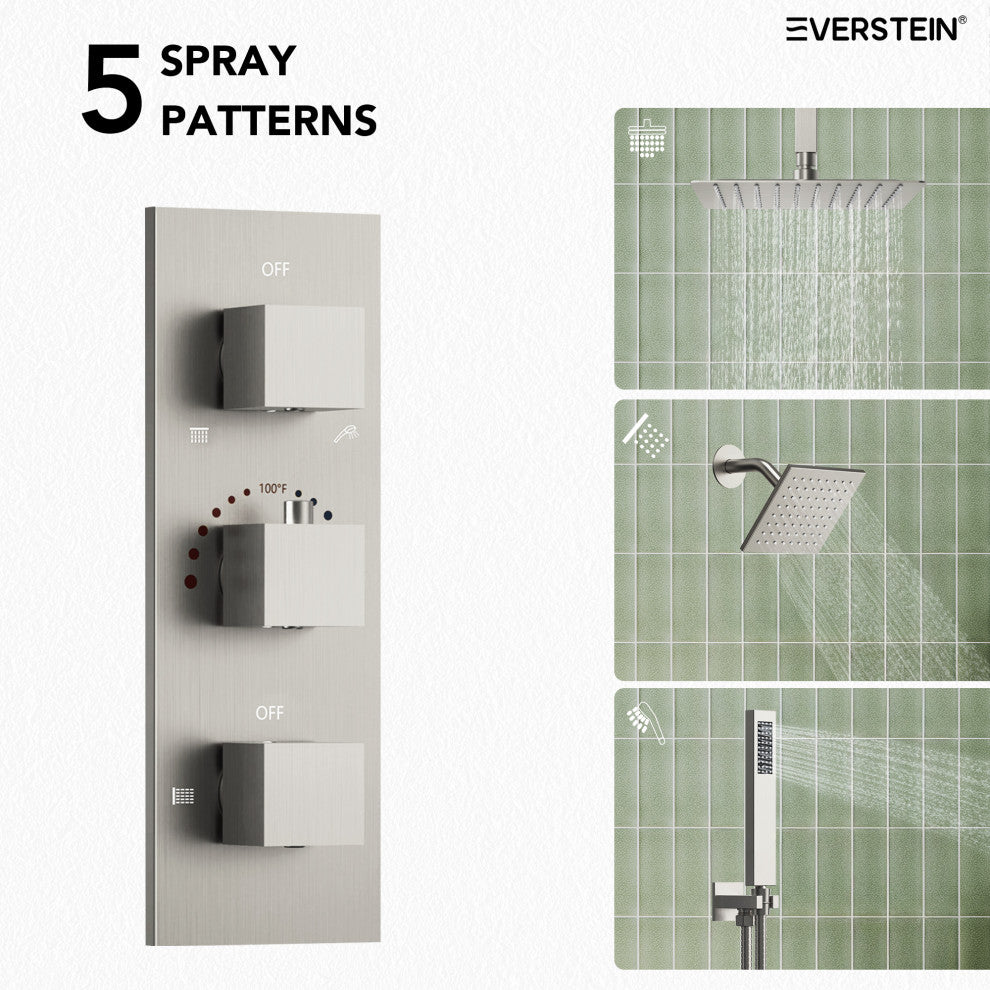 12" and 6" Dual Shower Heads With Themostatic Rough in-Valve, Brushed Nickel