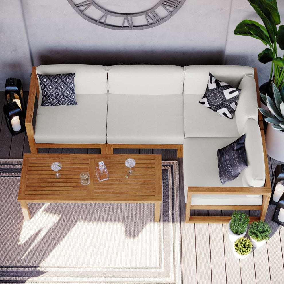 Sectional Sofa Chair Table Set, White Natural, Teak Wood, Modern, Outdoor Patio